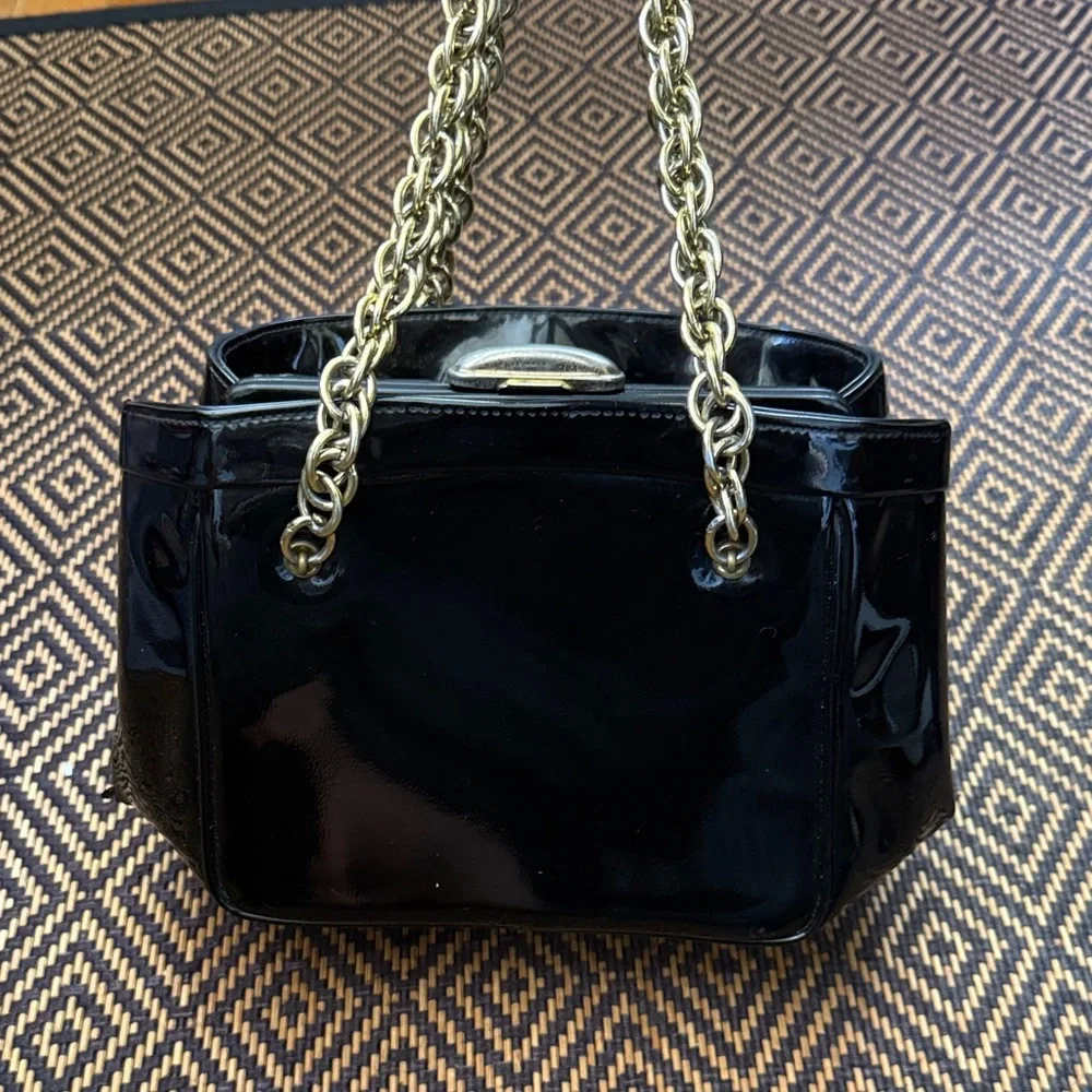Vintage MEYERS Black Patent Leather Handbag with gold chain handles & clasp